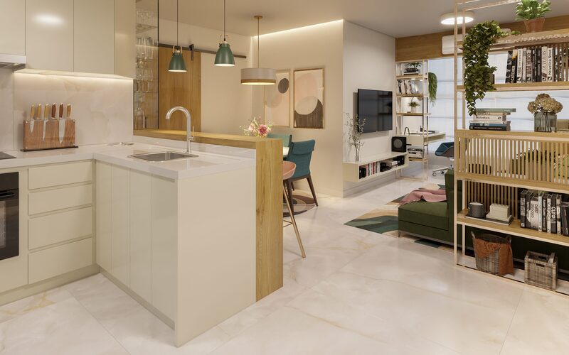 Flutua Arquitetura Picarras Criciuma Interiores Paisagismo Engenharia e BIM AP Sevilha Apartamento Living Sala Cozinha CAM 01 scaled 3